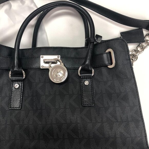 Michael Kors Black Logo Monogram Large Hamilton Satchel Bag Handbag Purse - Picture 3 of 8